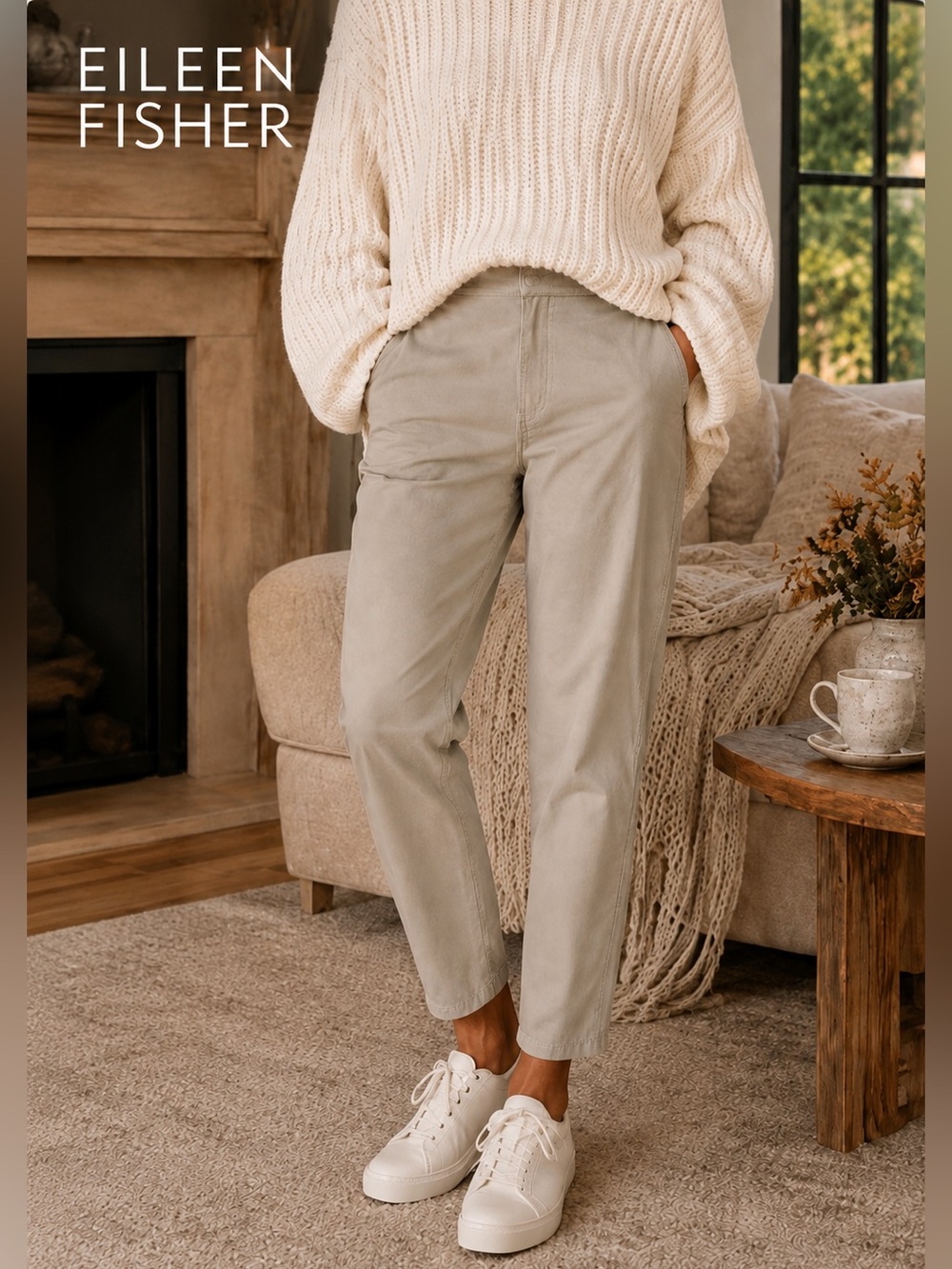 Eileen Fisher Organic Cotton Tapered Chino Pants  Mid-Rise Flat Front Size 4 - Picture 4 of 10
